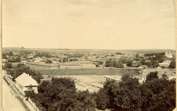 Вид на часть города Переславля-Залесского с домом Чечелева слева, земляными валами, фабрикой Павлова за ними церковью Вознесения справа. Снято с колокольни Нового Собора